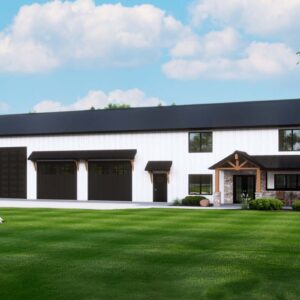 Two-story barndominium with farmhouse style, covered porch, three garage bays and black roof