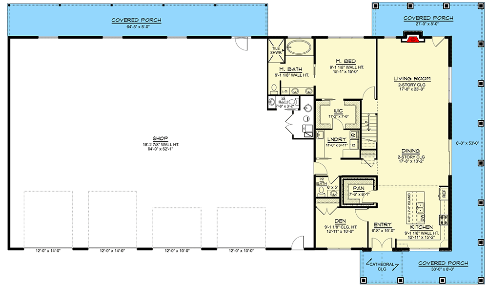 Main level floor plan with two-story great room, master suite and 4-car RV-friendly garage