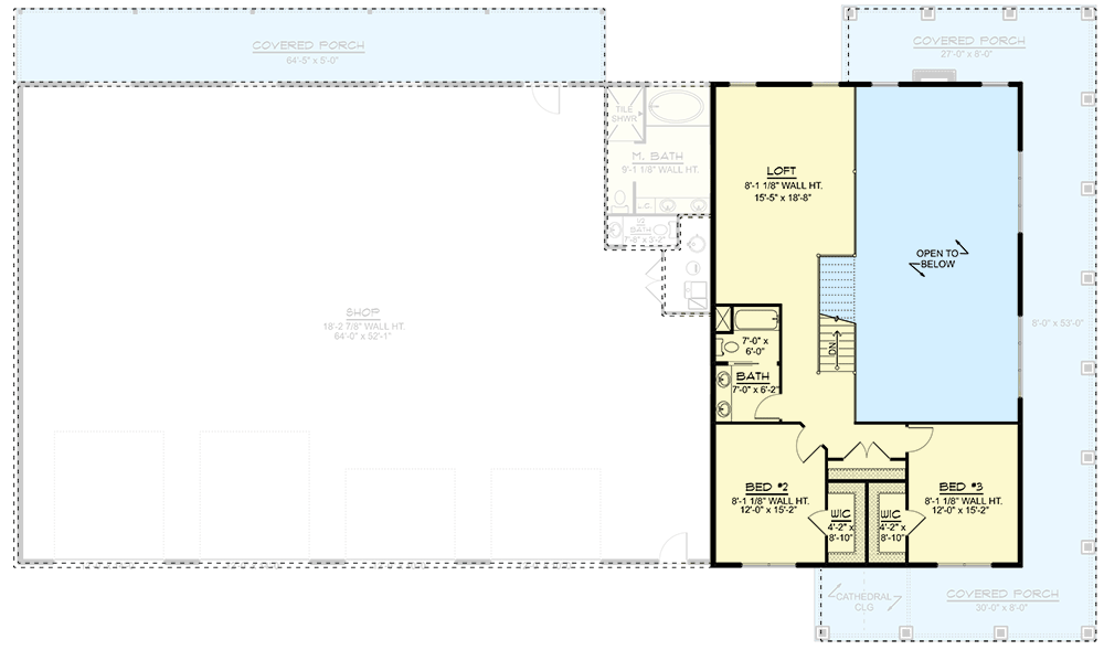 Second floor plan with two bedrooms, bathroom and loft