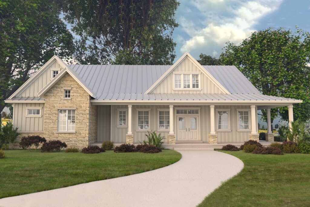Modern farmhouse home plan with stone gable, board and batten siding, metal roof, and wraparound porch - 2,396 sq ft front exterior view