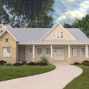 Modern farmhouse home plan with stone gable, board and batten siding, metal roof, and wraparound porch - 2,396 sq ft front exterior view