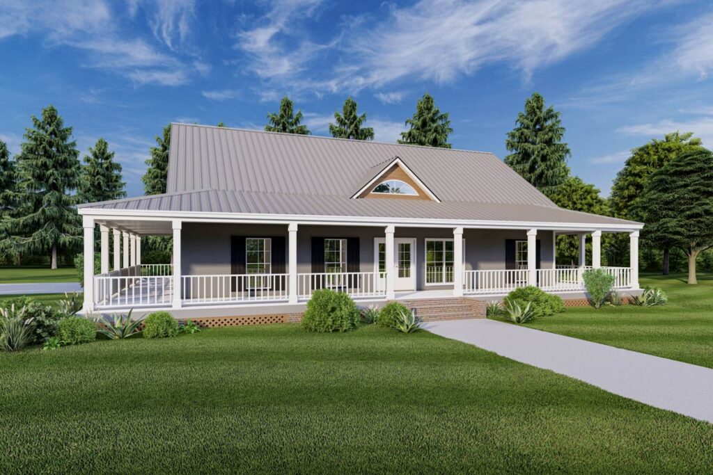 Dreamy country home plan with wraparound porch, raised-seam metal roof, and gable dormer - 1,768 sq ft front exterior view