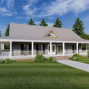 Dreamy country home plan with wraparound porch, raised-seam metal roof, and gable dormer - 1,768 sq ft front exterior view