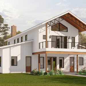 Modern farmhouse barndominium with two-story structure, balcony and shed roof entrance