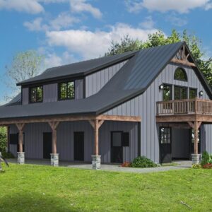 Horse barn and second-level living quarters home plan — front exterior with covered porch and balcony — Cowgirl Home and Ranch