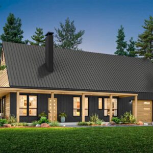 Modern barndominium home plan with dark siding, light wood gable, covered porch, and metal roof - 1,668 sq ft exterior front view