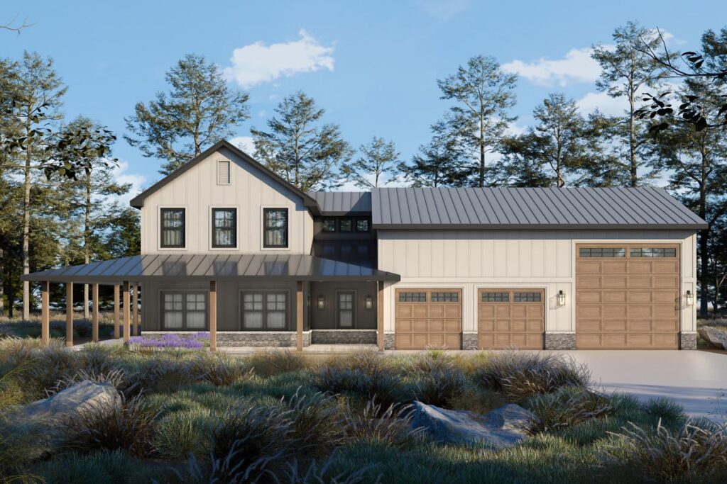 Modern Farmhouse barndominium exterior with wraparound porch and three-car RV garage