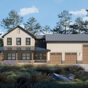 Modern Farmhouse barndominium exterior with wraparound porch and three-car RV garage