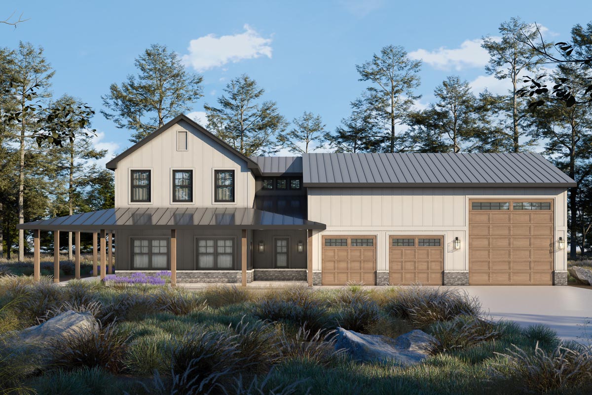 Modern Farmhouse barndominium exterior with wraparound porch and three-car RV garage