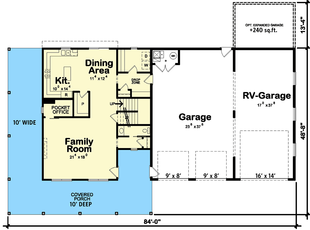 Main level floor plan with family room, dining, kitchen and RV garage