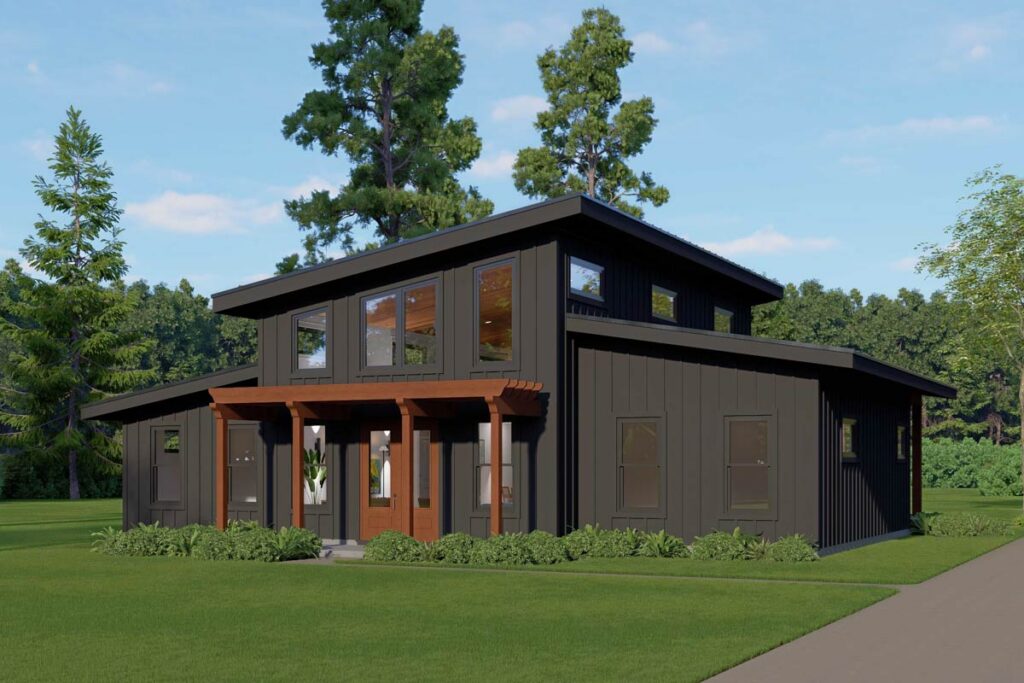 Modern two-story barndominium with flat roof, pergola entry and vertical siding