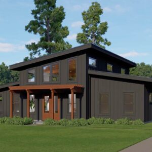 Modern two-story barndominium with flat roof, pergola entry and vertical siding