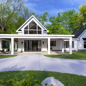 Modern farmhouse home plan — front exterior with two-story gable, wraparound porch, large windows, and dark trim — Cowgirl Home and Ranch