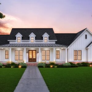 Two-story modern farmhouse with wraparound front porch, gables and dormers