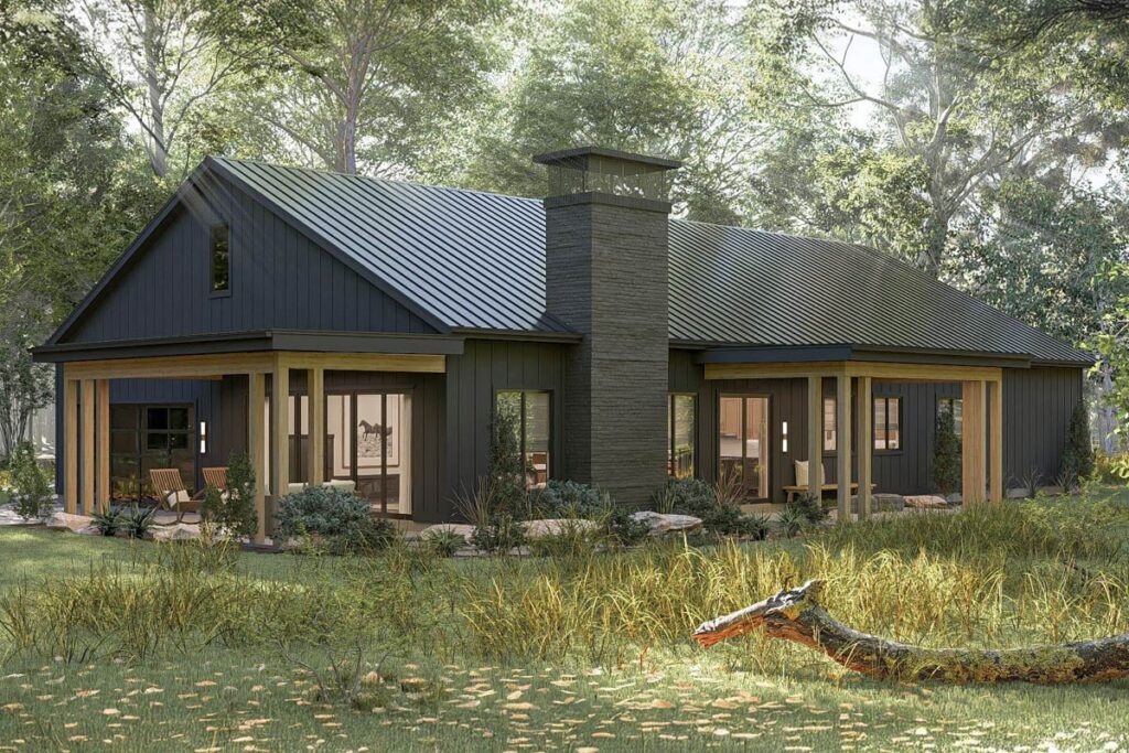 One-story barndominium exterior with gable roof and covered porch