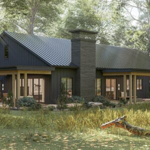 One-story barndominium exterior with gable roof and covered porch