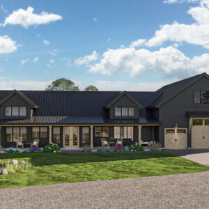 Single-story barndominium with wraparound porch — front exterior with dormers and detached garage — Cowgirl Home and Ranch
