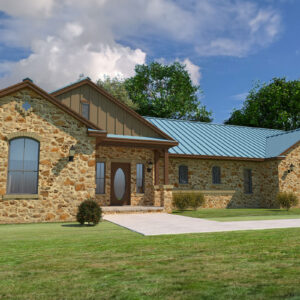 Hill Country ranch home plan — front exterior with full stone facade, metal roof, arched windows, covered porch — Cowgirl Home and Ranch