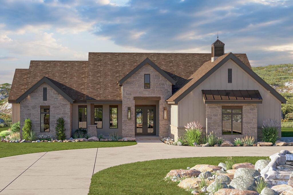 Texas Hill Country ranch home plan with stone and wood exterior, cathedral front porch, multiple gables and cupola - 1,886 sq ft front view