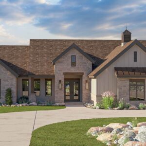 Texas Hill Country ranch home plan with stone and wood exterior, cathedral front porch, multiple gables and cupola - 1,886 sq ft front view