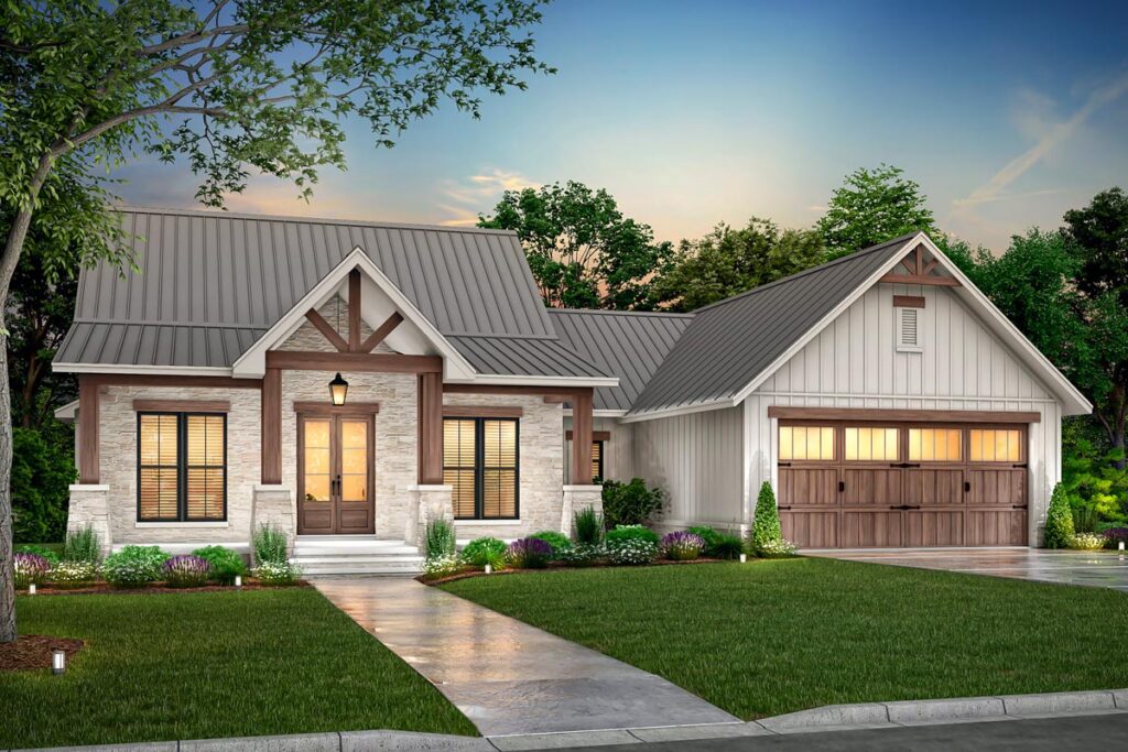 One-story Texas Hill Country exterior with stone facade, metal roof and wood beam porch