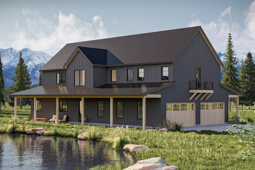 Two-story modern barndominium home plan with metal roof, front porch, side-entry garage, and second-story balcony - 2,659 sq ft front exterior