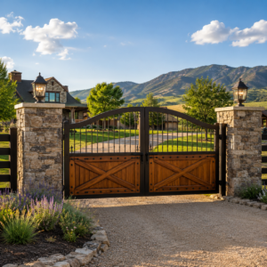 Stone-pillar ranch entry gate with wood and iron, mountain backdrop