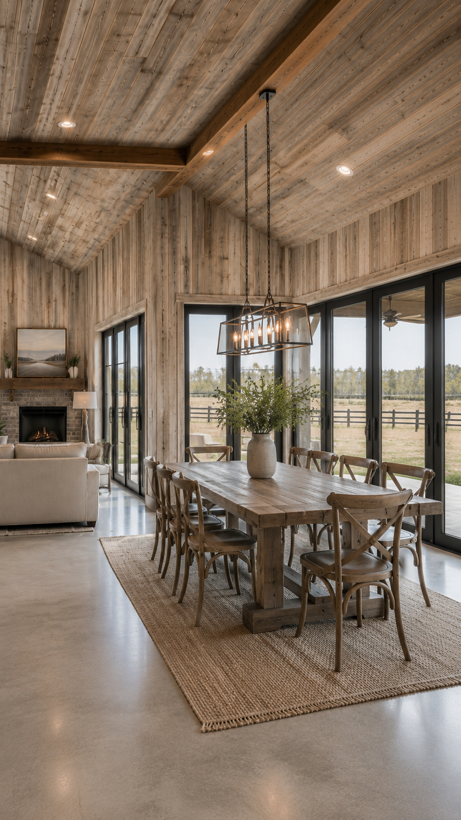 Modern grey barndominium dining room — Slate Ridge AI concept home