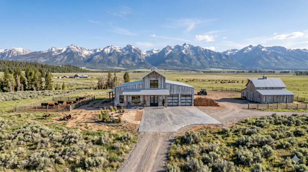 Modern grey barndominium with barn at dusk — Slate Ridge AI concept home exterior