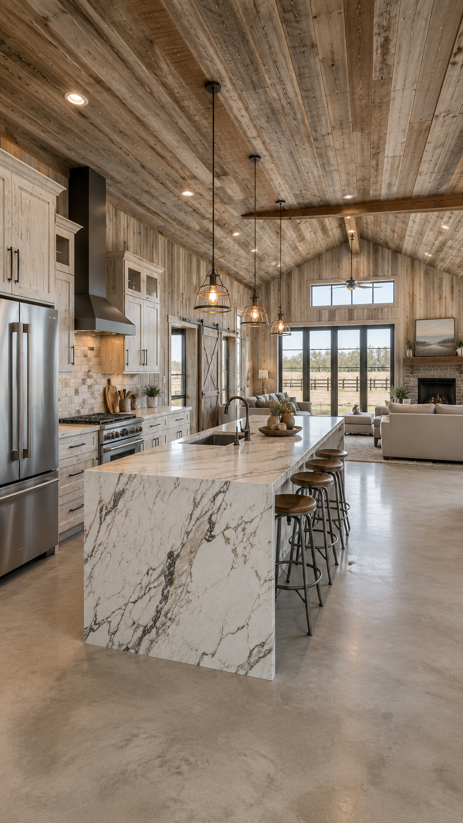 Modern grey barndominium kitchen with island — Slate Ridge AI concept home