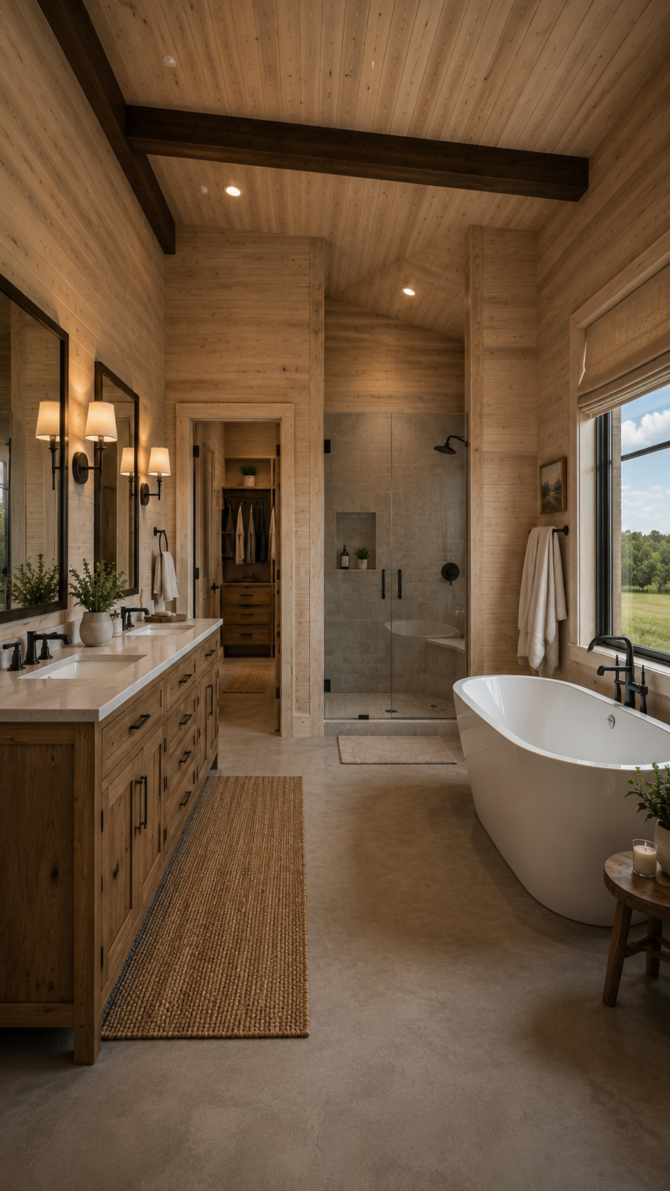 Modern grey barndominium primary bathroom — Slate Ridge AI concept home