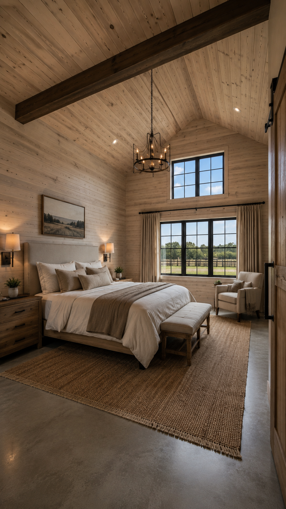 Modern grey barndominium primary bedroom suite — Slate Ridge AI concept home