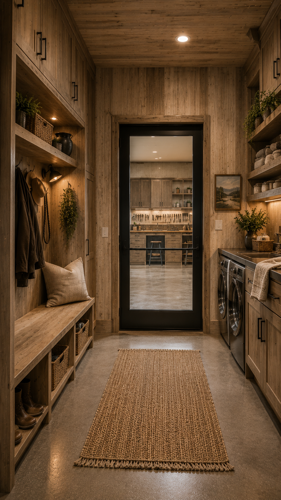 Modern grey barndominium mudroom with lockers — Slate Ridge AI concept home