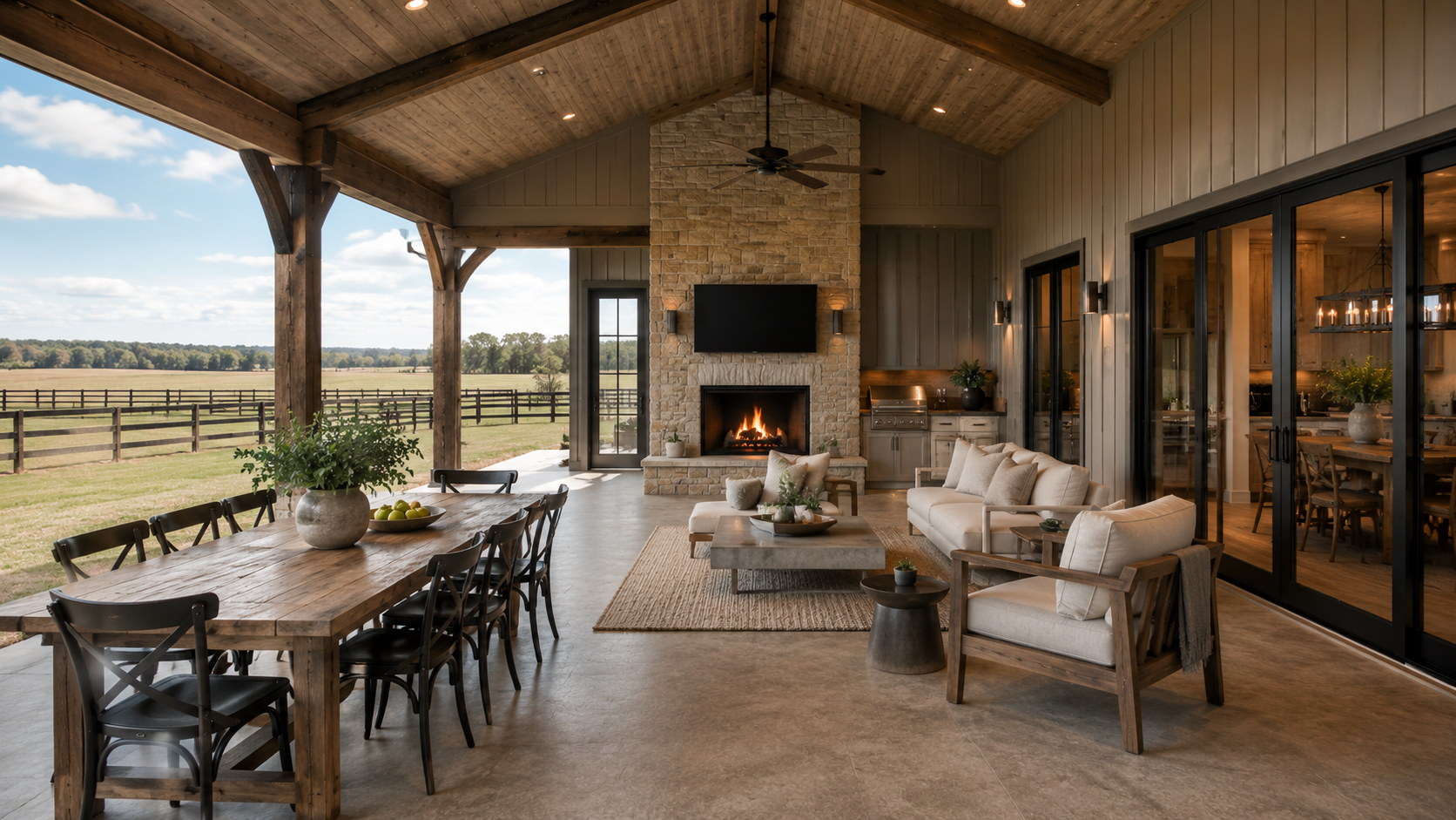 Modern grey barndominium covered outdoor living and patio — Slate Ridge AI concept home
