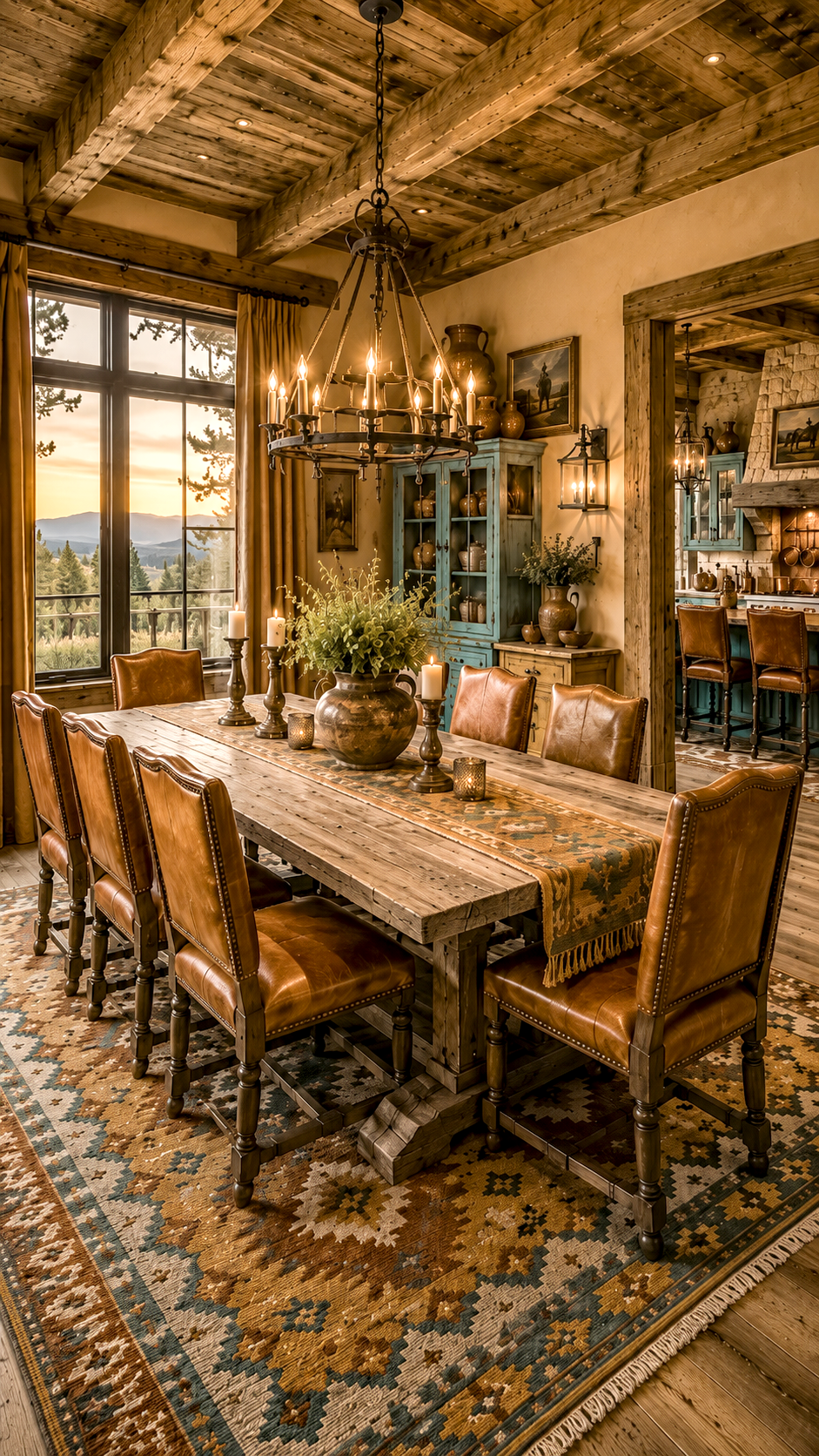 Rustic dining room with wood table and mountain view — Amber Horizon Lodge AI concept home