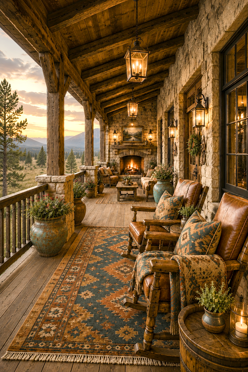 Covered front porch with fireplace and mountain view — Amber Horizon Lodge AI concept home