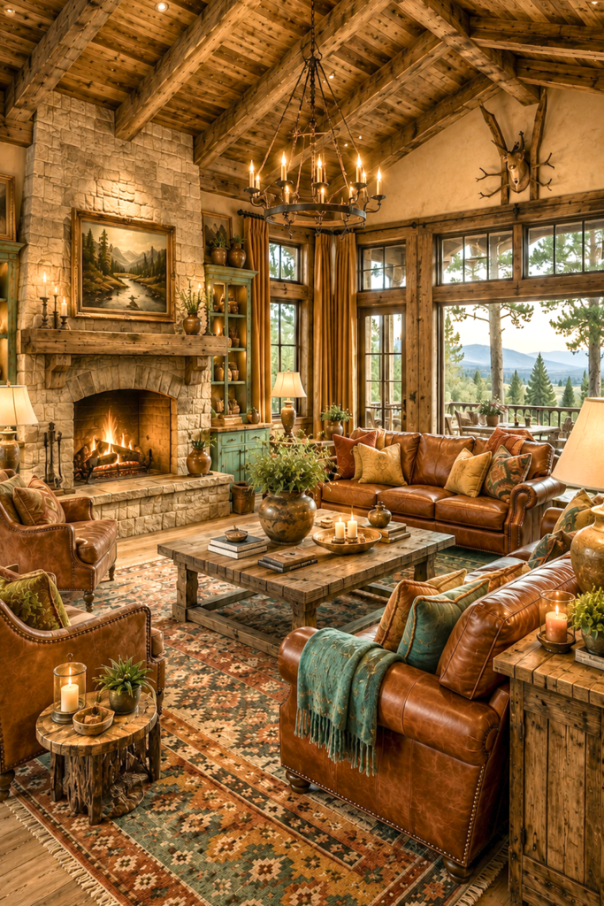 Great room with stone fireplace and Amber Horizon palette leather seating — Amber Horizon Lodge AI concept home