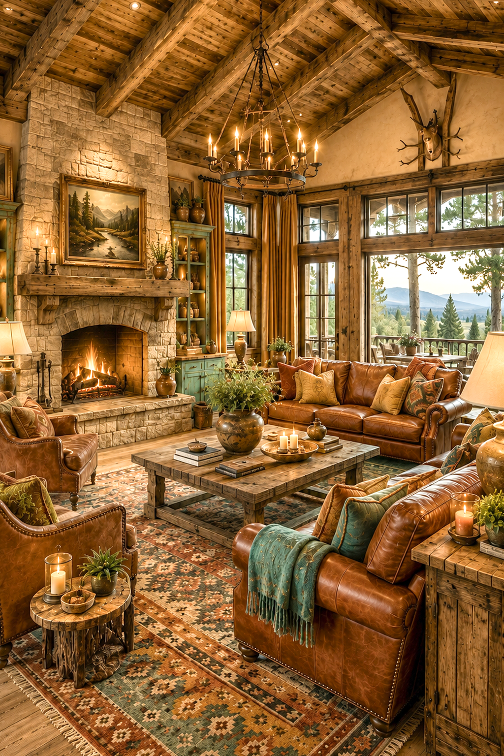Great room with stone fireplace and Amber Horizon palette leather seating — Amber Horizon Lodge AI concept home