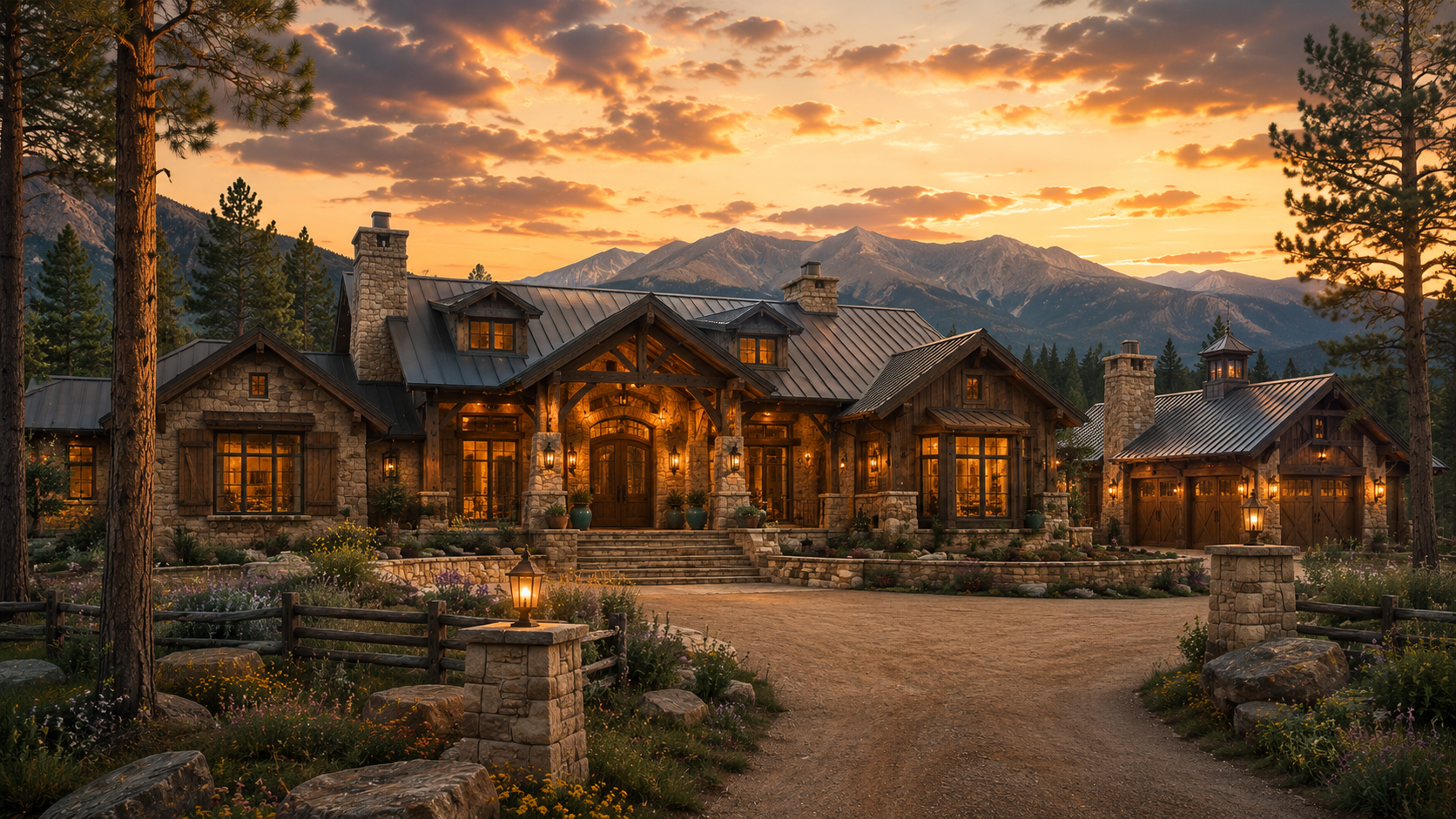 Western ranch lodge front exterior at sunset with mountain view — Amber Horizon Lodge AI concept home