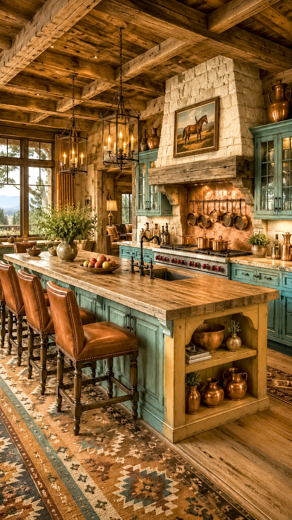 Kitchen with teal cabinetry and copper pots — Amber Horizon Lodge AI concept home