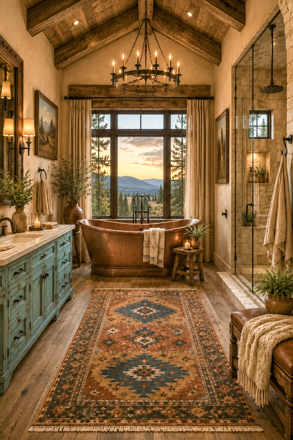 Primary bathroom with copper soaking tub and mountain view window — Amber Horizon Lodge AI concept home