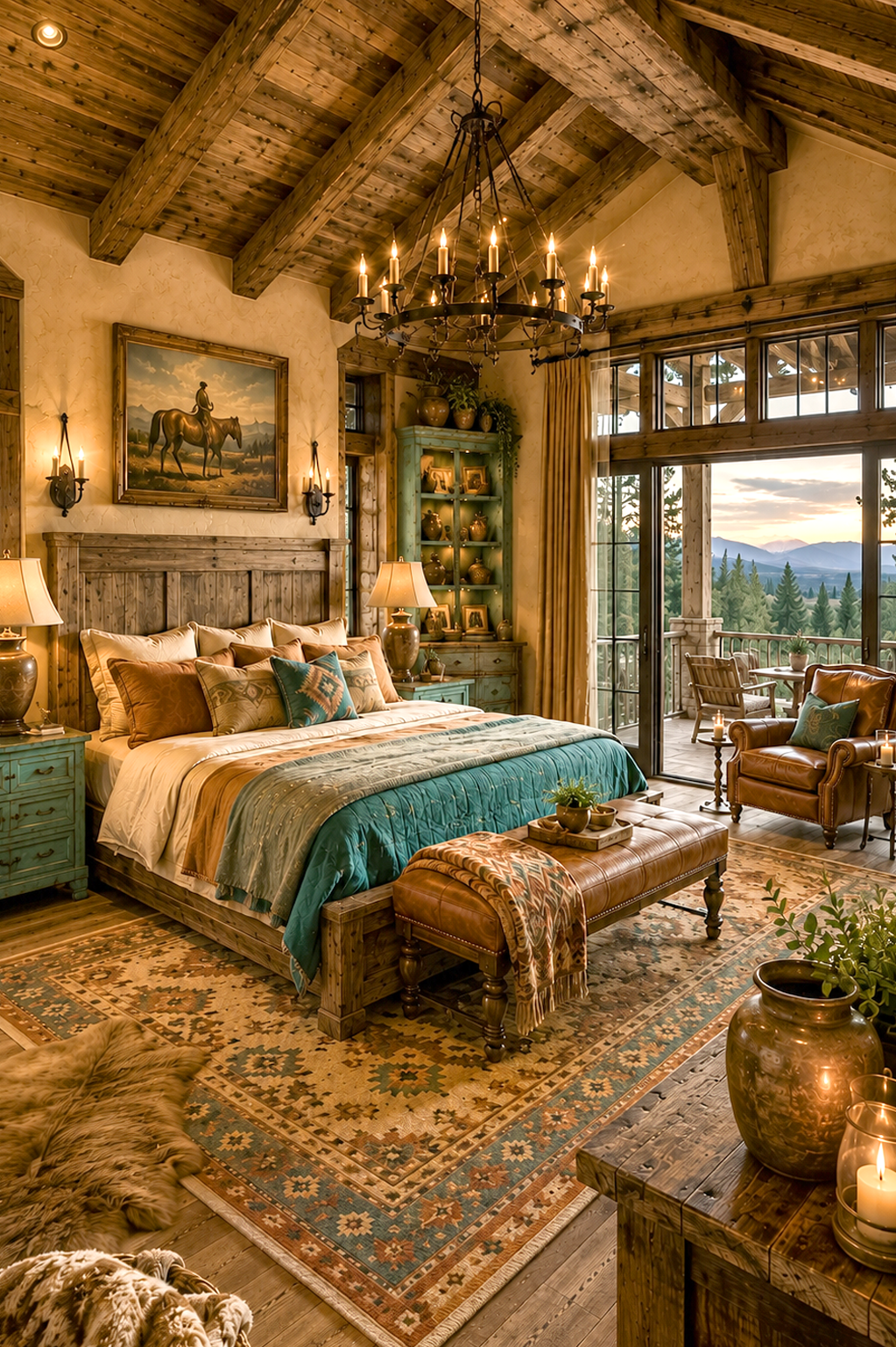 Primary bedroom with teal linens and private balcony — Amber Horizon Lodge AI concept home