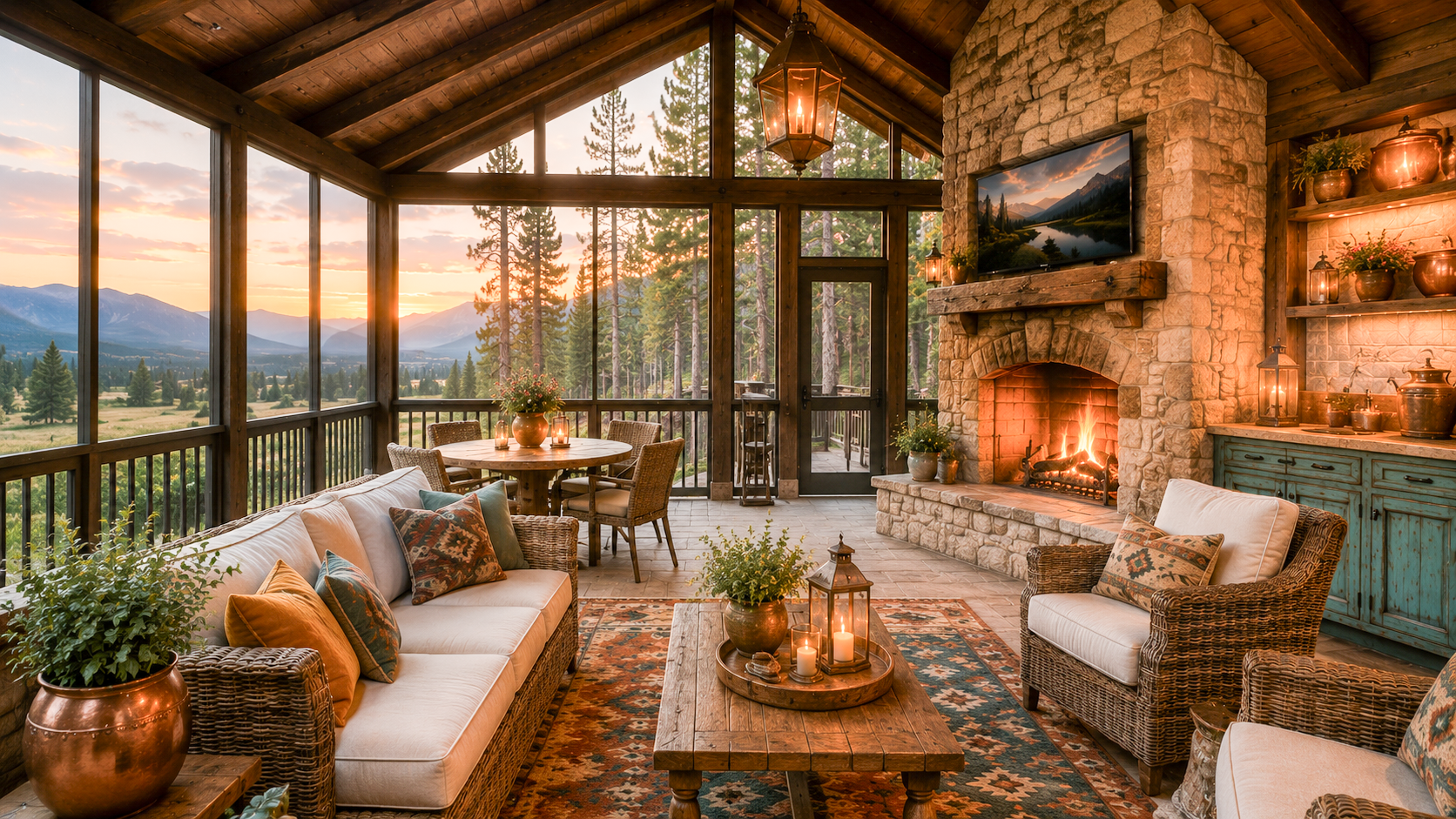 Screened porch with stone fireplace and wicker seating at dusk — Amber Horizon Lodge AI concept home