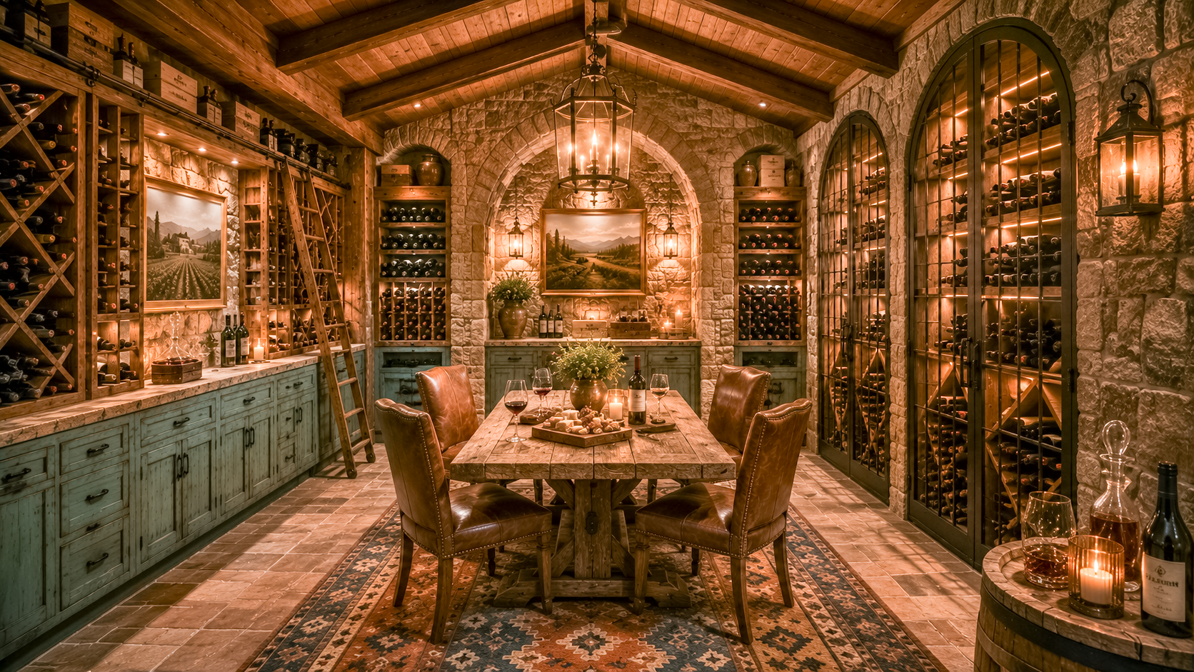 Stone wine cellar with arched wine storage and tasting table — Amber Horizon Lodge AI concept home