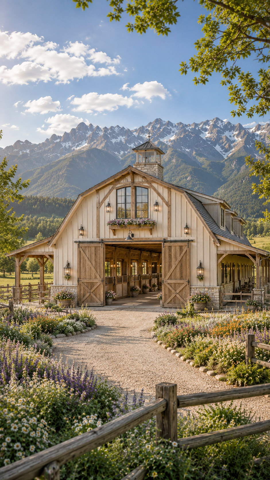 Board-and-batten and stone barn with gambrel roof against snow-capped peaks and wildflowers — Columbine Meadow AI concept home