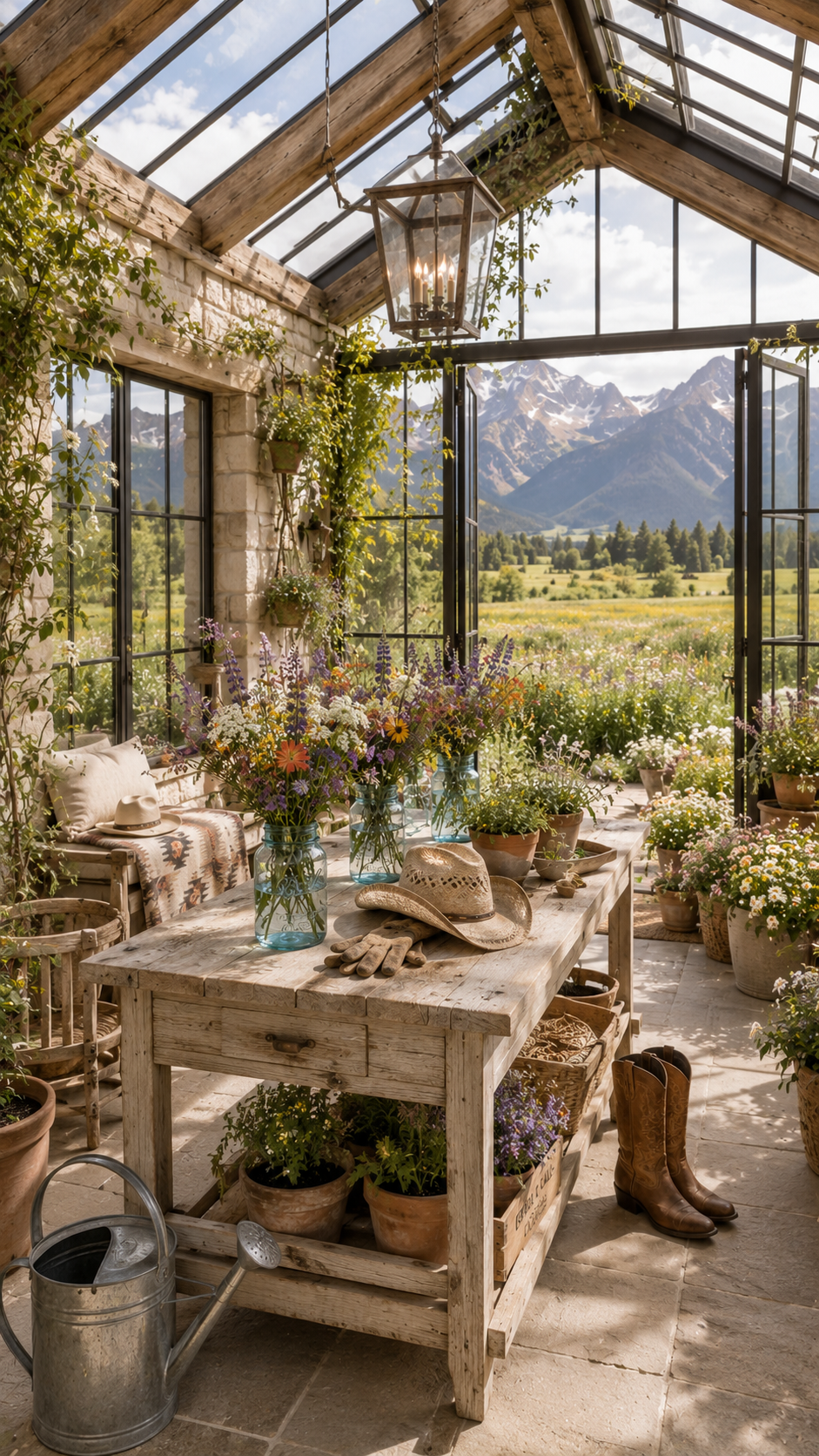 Glass conservatory with potting bench, cowboy boots and blue mason jars of wildflowers framing mountain views — Columbine Meadow AI concept home