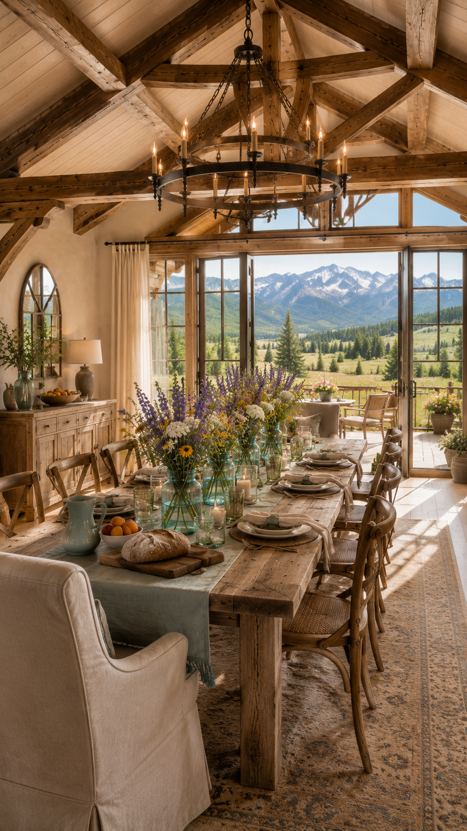 Modern farmhouse dining room with long table, wagon-wheel chandelier and wildflowers under mountain-view windows — Columbine Meadow AI concept home