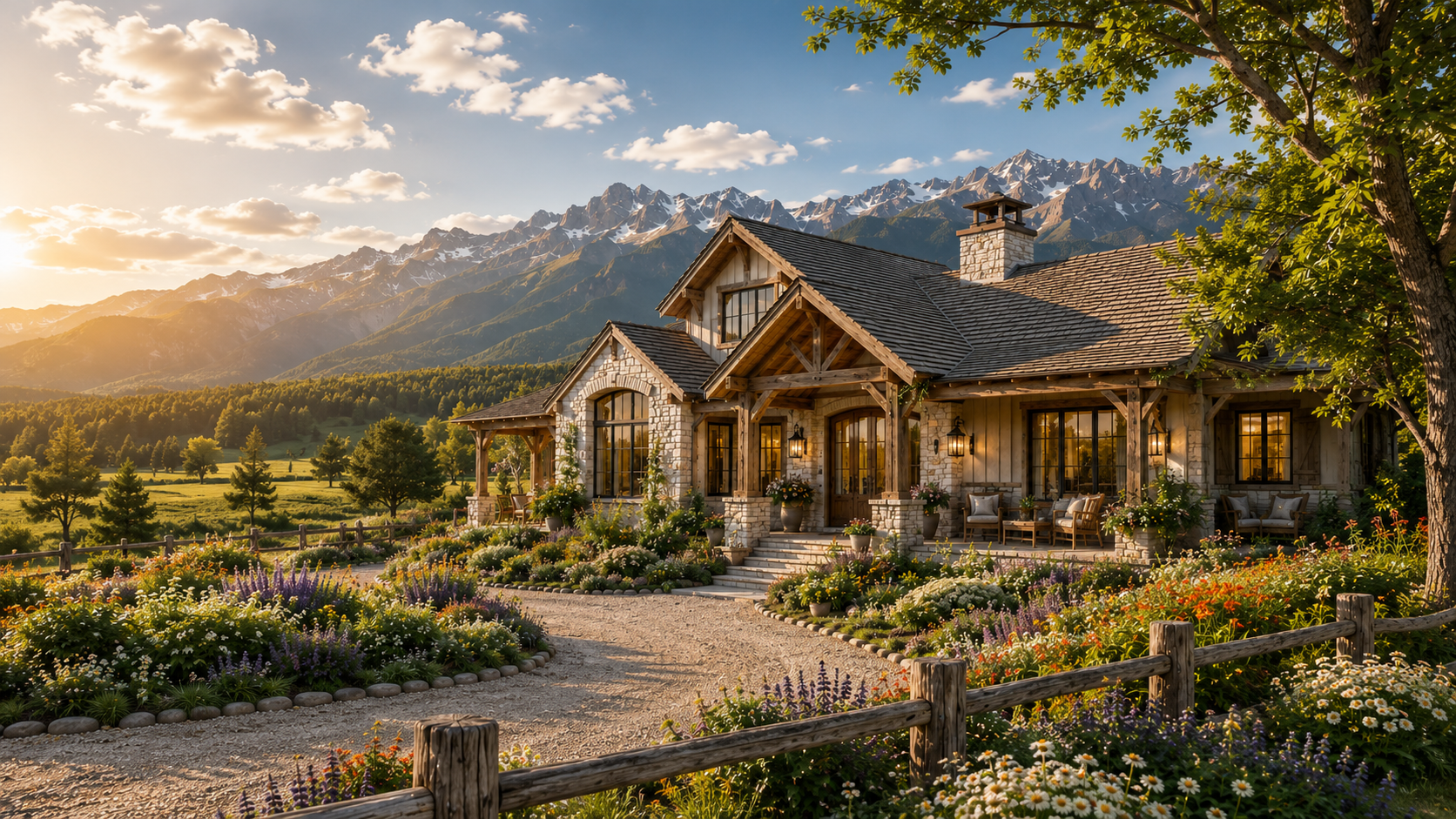 Modern mountain farmhouse front exterior at golden hour with wildflower gardens — Columbine Meadow AI concept home