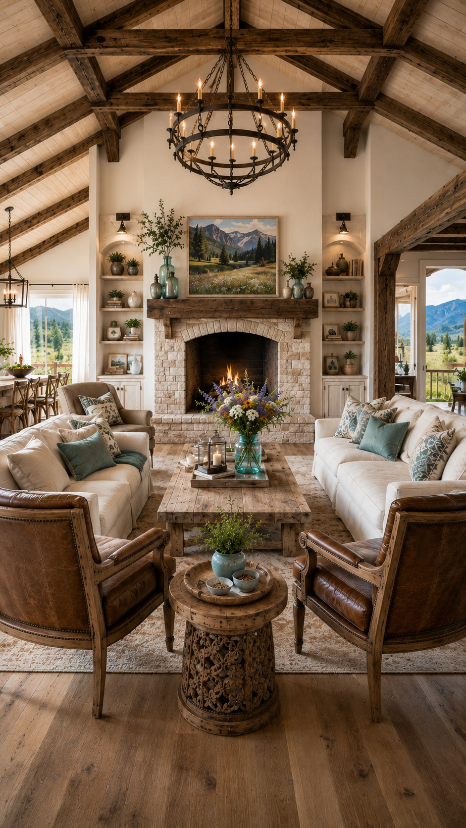 Modern farmhouse great room with vaulted timber trusses, stone fireplace and iron chandelier — Columbine Meadow AI concept home