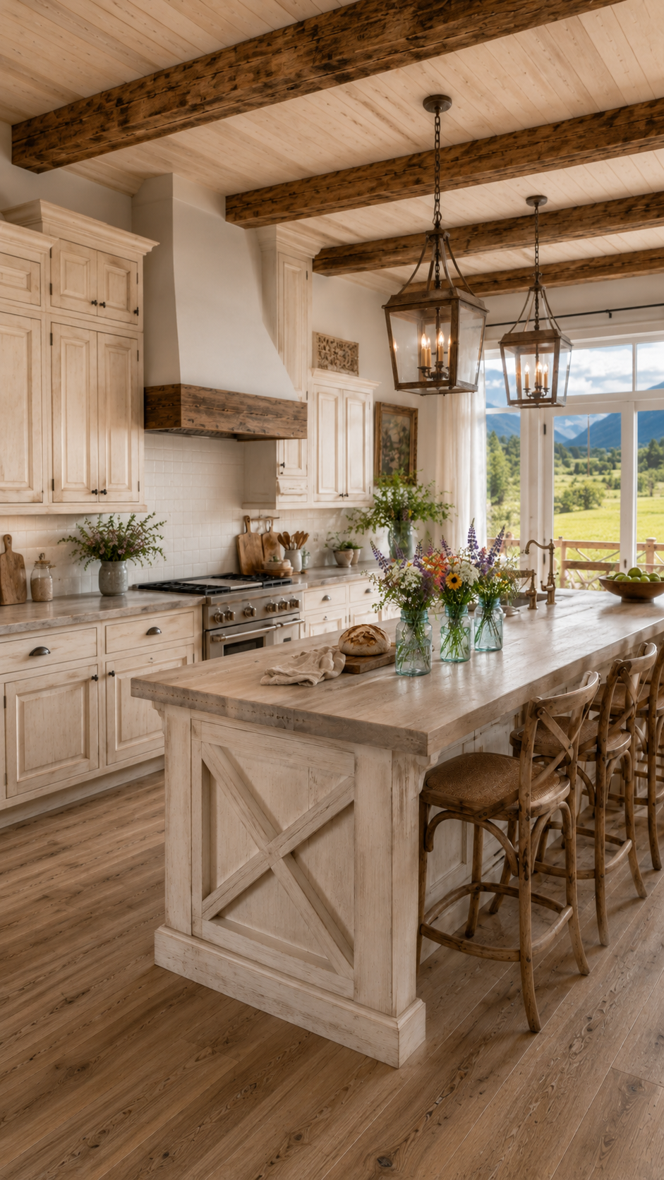 Modern farmhouse kitchen with oak cabinetry and apron sink under a meadow-view window — Columbine Meadow AI concept home